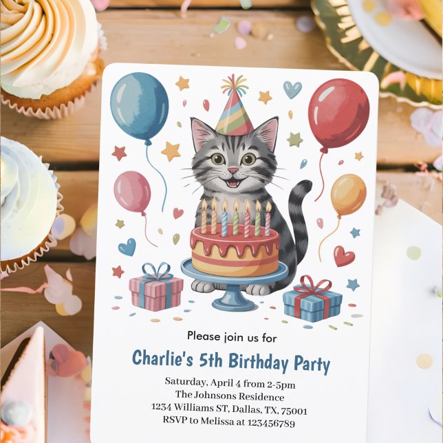 Cute Kids Cat Birthday Party Invitation (Creator Uploaded)