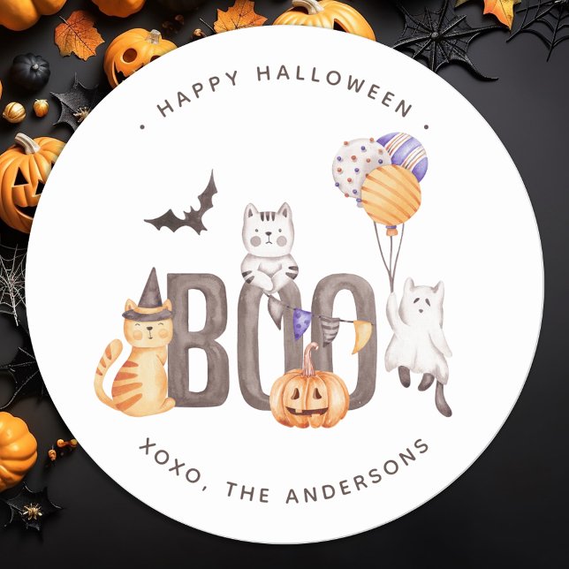 Cute Kid's Cats Ghosts Pumpkin Happy Halloween Boo Classic Round Sticker (Creator Uploaded)