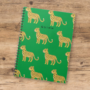 Cute Kids Cheetah Leopard Green w/ Name Notebook