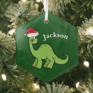 Cute Kids Christmas Dinosaur Green Personalised Glass Tree Decoration