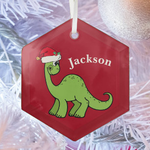 Cute Kids Christmas Dinosaur Red Custom Glass Tree Decoration