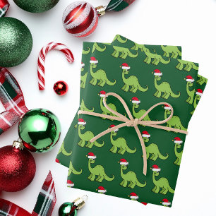 Cute Kids Christmas Dinosaur Santa Green Holiday Wrapping Paper Sheet