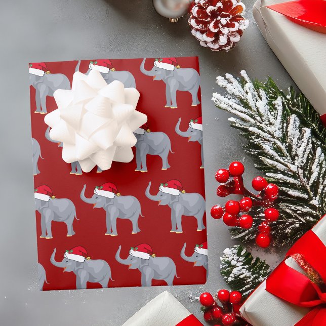 Cute Kids Christmas Elephant Santa Hat Red Holiday Wrapping Paper Sheet (Creator Uploaded)