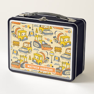 Cute Kids Construction Vehicles Personalised Name Metal Lunch Box