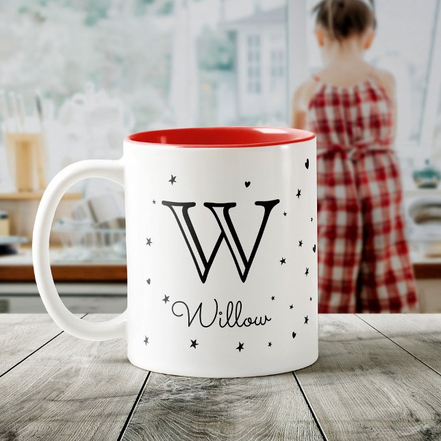Cute Kids Custom Monogram + Name Stars Hearts Two-Tone Coffee Mug (Creator Uploaded)