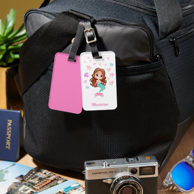 Cute Kids Dark Hair Mermaid Name Luggage Tag (Front & Back)