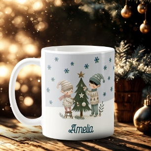 Cute Kids Decorating Chistmas Tree Drawing Name Coffee Mug