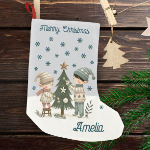 Cute Kids Decorating Chistmas Tree Drawing Name Small Christmas Stocking