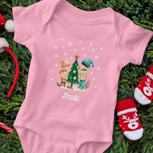Cute Kids Decorating Christmas Tree Drawing  Baby Bodysuit