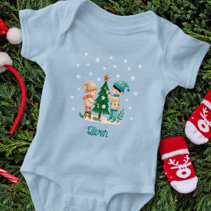 Cute Kids Decorating Christmas Tree Drawing Baby Bodysuit