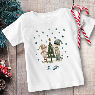 Cute Kids Decorating Christmas Tree Drawing  Baby T-Shirt