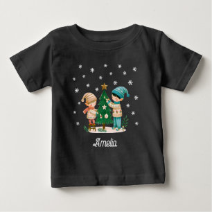 Cute Kids Decorating Christmas Tree Drawing  Baby T-Shirt