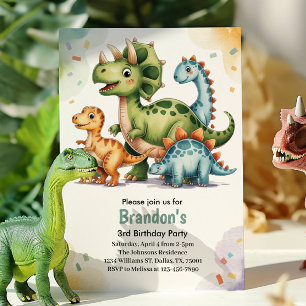 Cute Kids Dinosaur 3rd Birthday Party  Invitation