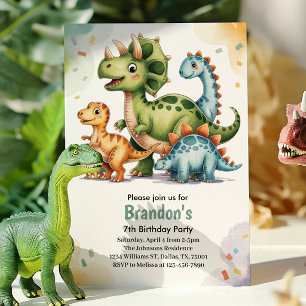 Cute Kids Dinosaur 7th Birthday Party  Invitation