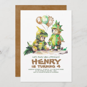 Cute Kids Dinosaur Birthday Green & Brown Invitation