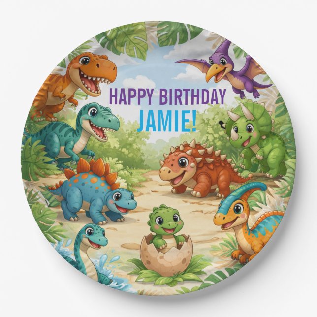 Cute Kids Dinosaur Birthday Paper Plate (Front)