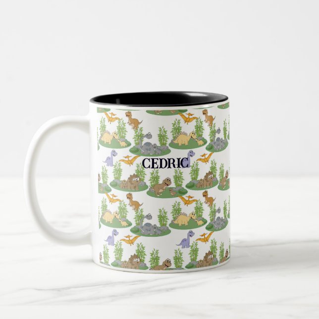 Cute Kids' Dinosaur Tree Pattern Personalised Two-Tone Coffee Mug (Left)