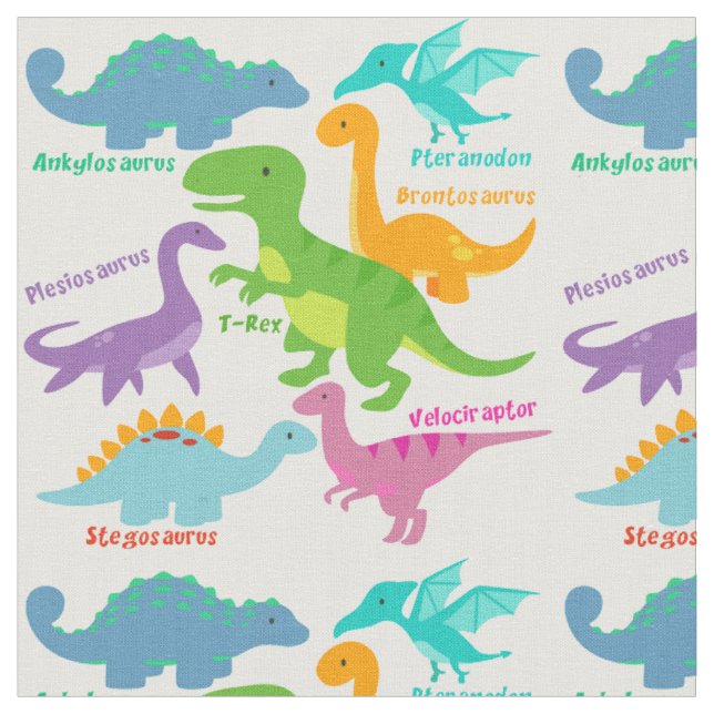Cute Kids Dinosaurs And Names Fabric (Close Up)