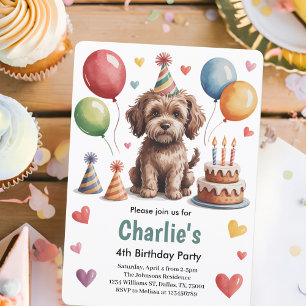 Cute Kids Dog 4th Birthday Party Invitation