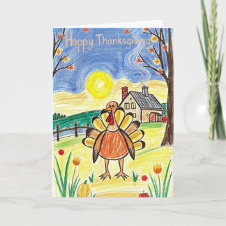 Cute Kids Drawing Thanksgiving Card with Turkey 