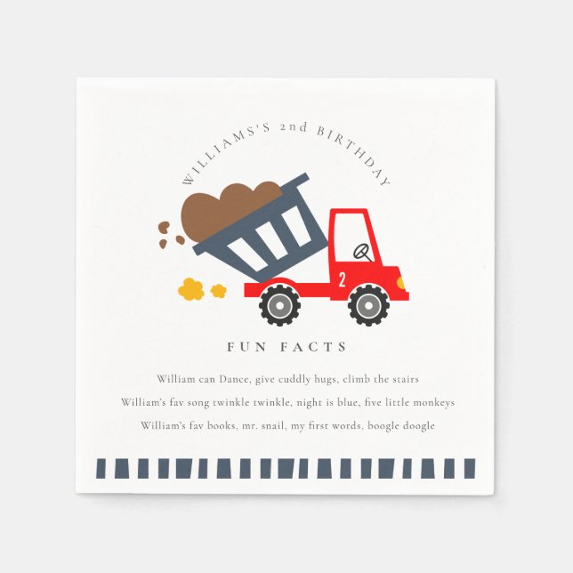 Cute Kids Dump Truck Any Age Birthday Fun Facts Napkin (Front)