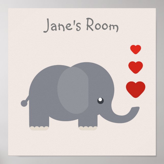 Cute kid's elephant with hearts customisable name poster (Front)
