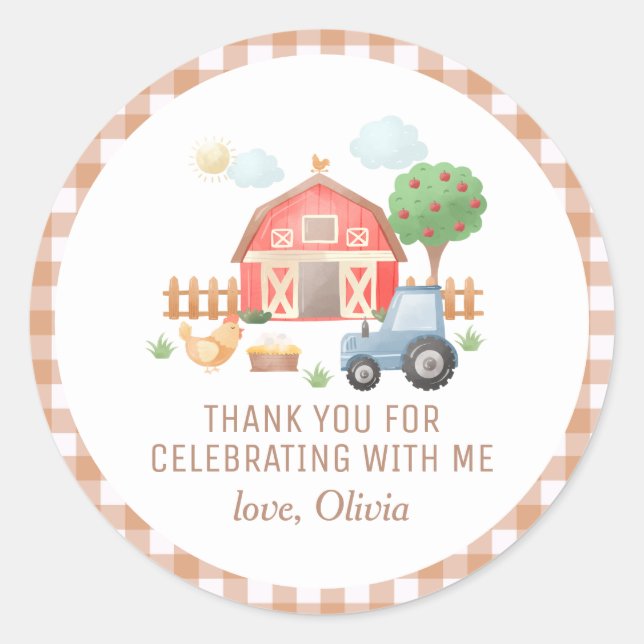 Cute Kids Farm Animals Birthday Thank You Classic Round Sticker (Front)