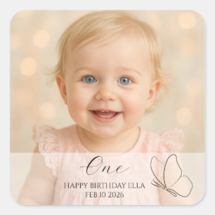 Cute Kid's First Birthday Party With Custom Photo Square Sticker