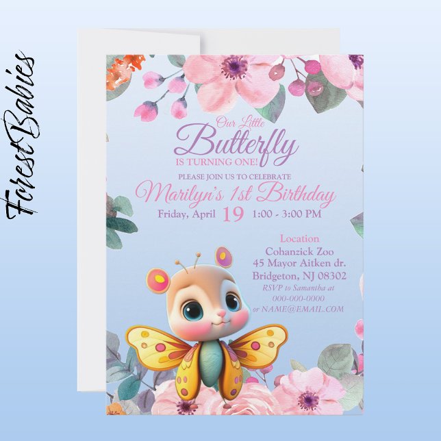 Cute Kids Floral Butterfly for baby girl Birthday Invitation (Butterfly Girl 🦋 Pink Floral 🌸 ForestBabies Customizable Birthday Party Invitation - Front)