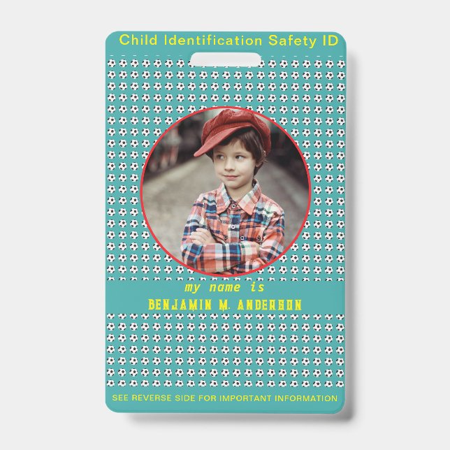  Cute Kid's  Football  Colourful Custom Photo Chil ID Badge (Front)