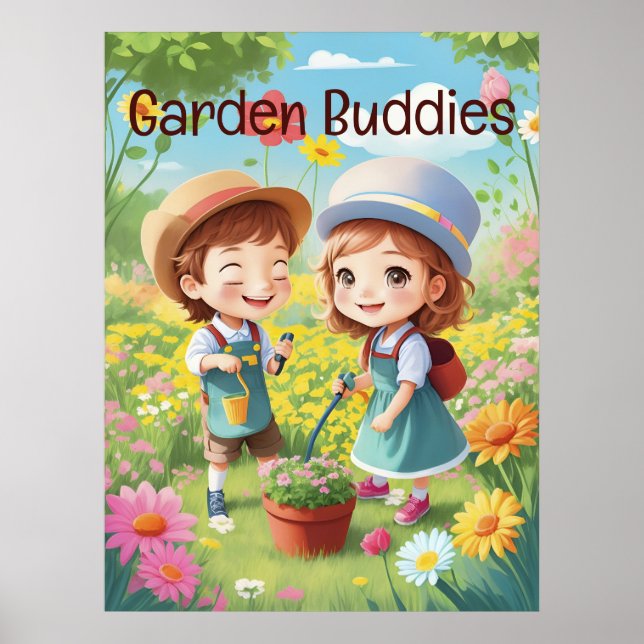 Cute Kids Gardening Fun &  Enjoyment AI Generative Poster (Front)