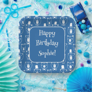 Cute Kids Gentleman Bear in Hat Blue Paper Plate