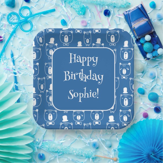 Cute Kids Gentleman Bear in Hat Blue Paper Plate (Party)