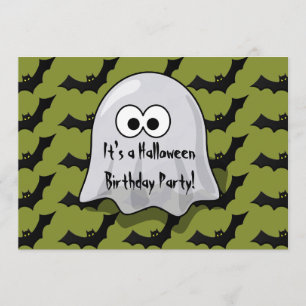 Cute Kids Halloween Birthday Party Ghost and Bats Invitation