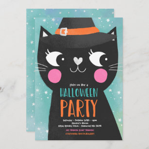 Cute Kids Halloween Party Witches Cat Spooky Invitation