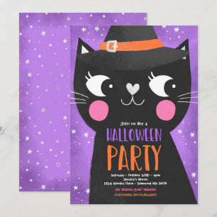 Cute Kids Halloween Party Witches Cat Spooky Invitation