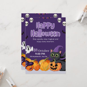 Cute Kids Happy Halloween Black Cat Invitation