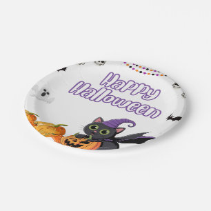 Cute Kids Happy Halloween Black Cats Paper Plate