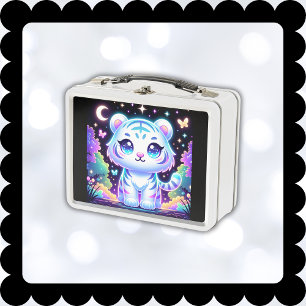 Cute Kids Holographic White Tiger   Metal Lunch Box