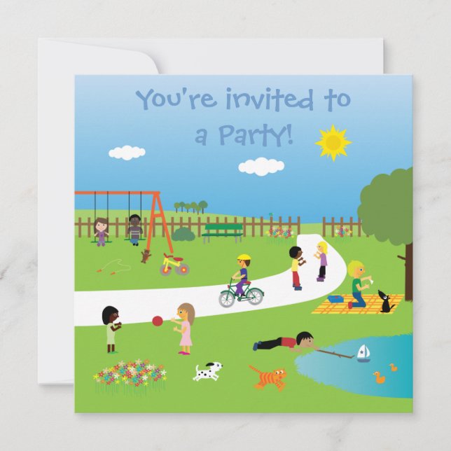 Cute Kids In The Park Colourful Customisable Party Invitation (Front)