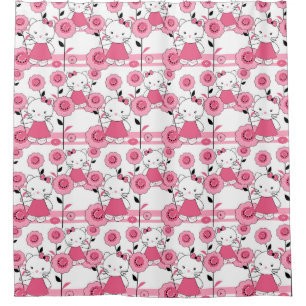 Cute kids kitten cat pink white print shower curtain