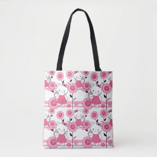 Cute kids kitten cat pink white print tote bag