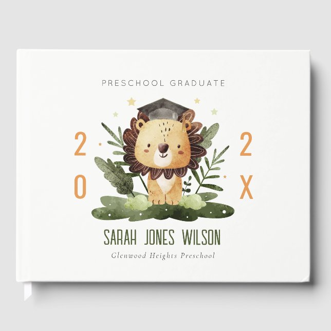 Cute Kids Lion Foliage Custom Preschool Graduation Guest Book (Front)