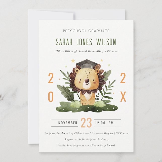 Cute Kids Lion Foliage Preschool Graduation Party Invitation (Front)