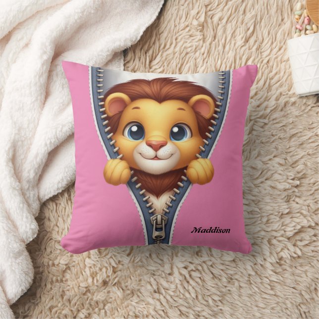 Cute Kids Lion Personalised Name  Cushion (Blanket)