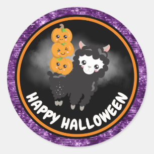Cute Kids Llama & Purple Glitter Happy Halloween  Classic Round Sticker