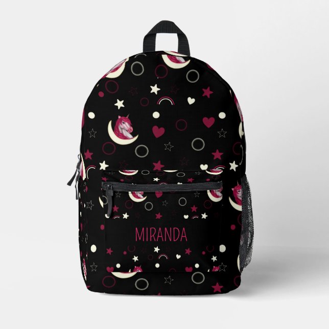 Cute Kids Magical black Pink Unicorn girls name Printed Backpack (Front)