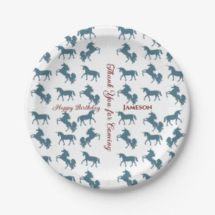 Cute Kids' Name Birthday Blue Unicorn Pattern  Paper Plate