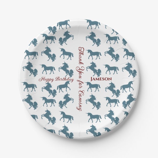 Cute Kids' Name Birthday Blue Unicorn Pattern  Paper Plate (Front)