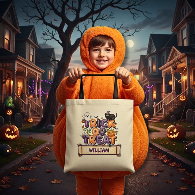 Cute Kid's Name Halloween Trick or Trick Tote Bag (Cute Personalized Name Trick or Treat Kid's Halloween Candy Tote Bag)